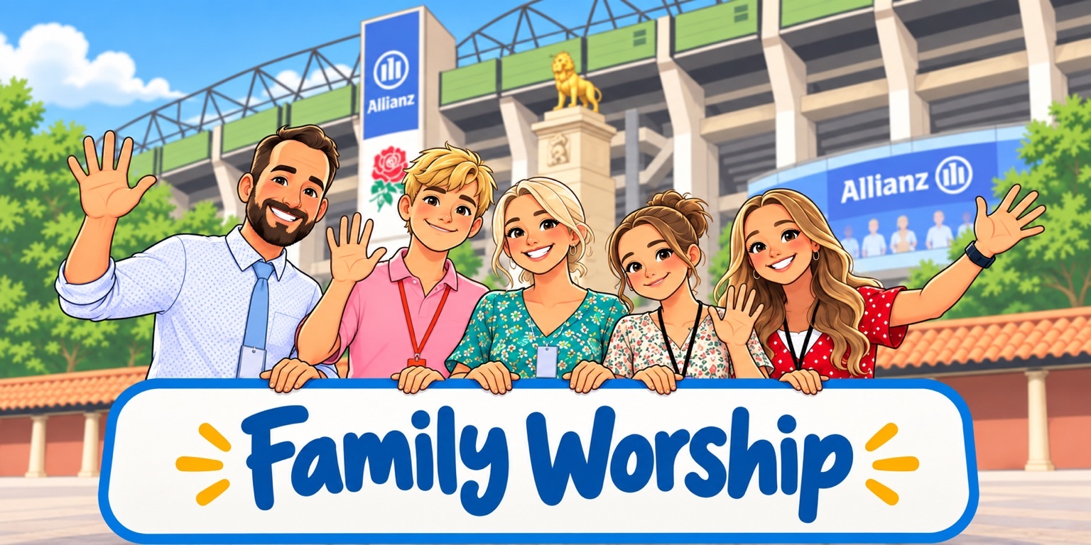 The James family outside Twickenham Stadium with a Family Worship sign